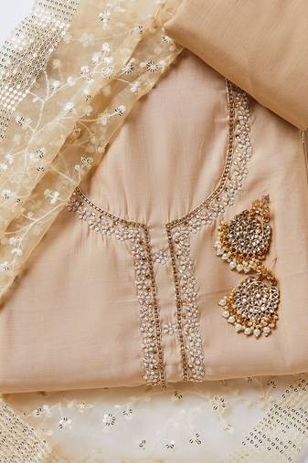 Salwar Studio Printed Beige Chanderi Unstitched Dress Material-Pack of 1.