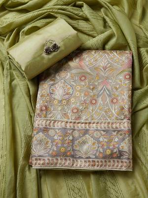 Salwar Studio Printed Mehendi Green Silk blend Unstitched Dress Material-Pack of 1. 1