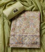 Salwar Studio Printed Mehendi Green Silk blend Unstitched Dress Material-Pack of 1.