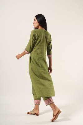 Green hand dyed cotton kurta pant set 3
