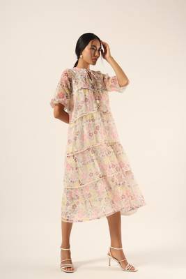 White hand block printed kota cotton tiered dress 2