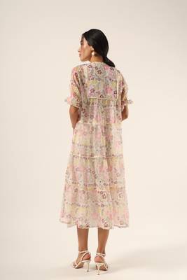 White hand block printed kota cotton tiered dress 3