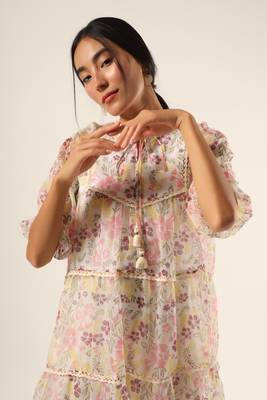 White hand block printed kota cotton tiered dress 5