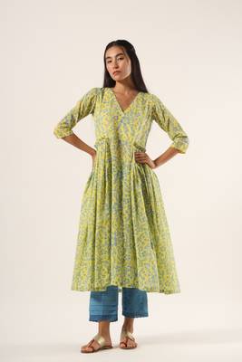 Yellow hand block printed mul kurta with blue pants 1