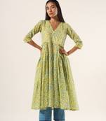 Yellow hand block printed mul kurta with blue pants