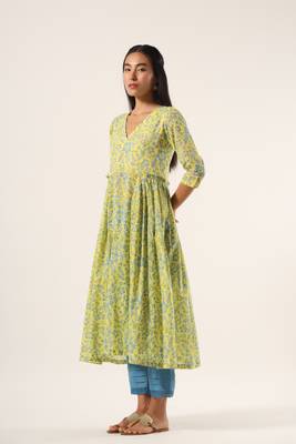 Yellow hand block printed mul kurta with blue pants 2