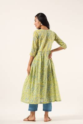 Yellow hand block printed mul kurta with blue pants 4
