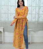 Beautiful Nayra Cut Fancy Floral Printed Rayon Festive Kurti In Yellow Colour