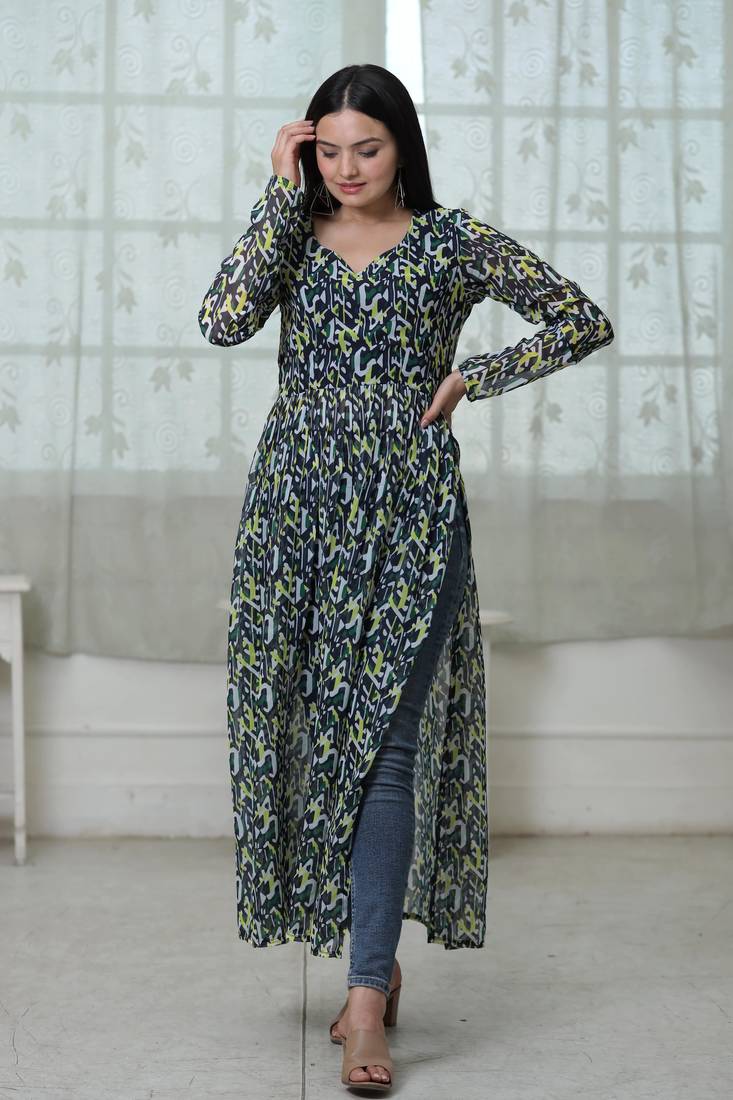 Beautiful Nayra Cut Fancy Floral Printed Rayon Festive Kurti In