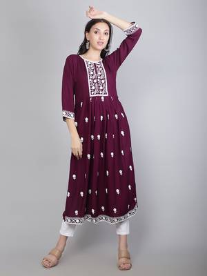 Lucknowi Hand Embroidery Work Wine Colour Rayon Partywear Kurti 1