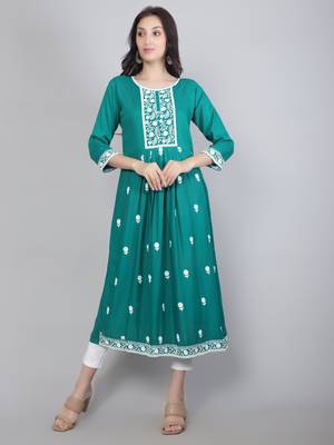 Lucknowi Hand Embroidery Work Rama Colour Rayon Partywear Kurti 1