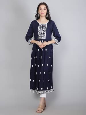 Lucknowi Hand Embroidery Work Nevy Blue Colour Rayon Partywear Kurti 1