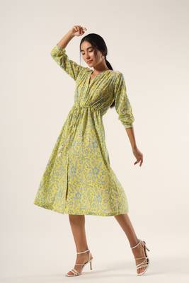 Yellow hand block printed mul drawstring dress 2