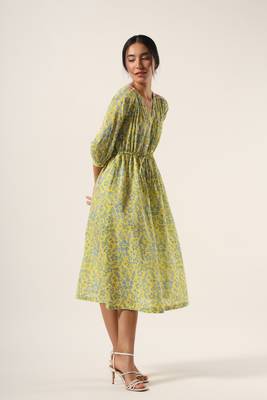 Yellow hand block printed mul drawstring dress 3