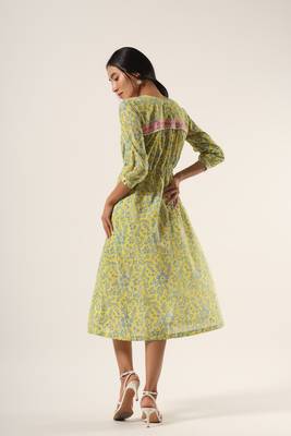 Yellow hand block printed mul drawstring dress 4