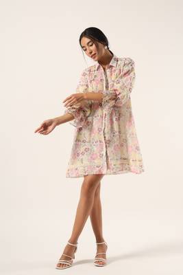 White hand block printed kota cotton short dress 2