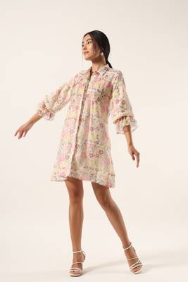 White hand block printed kota cotton short dress 3