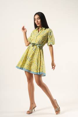 Yellow hand block printed mul short dress 2