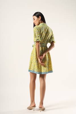 Yellow hand block printed mul short dress 3
