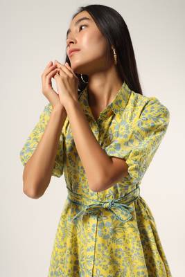 Yellow hand block printed mul short dress 4
