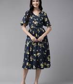 Aarika womens navy blue colour polycrepe floral print middi