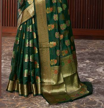 Dark Green Woven Organza Saree With Blouse 4