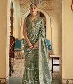 Kimisha women's sage green silk saree with unstitched blouse piece