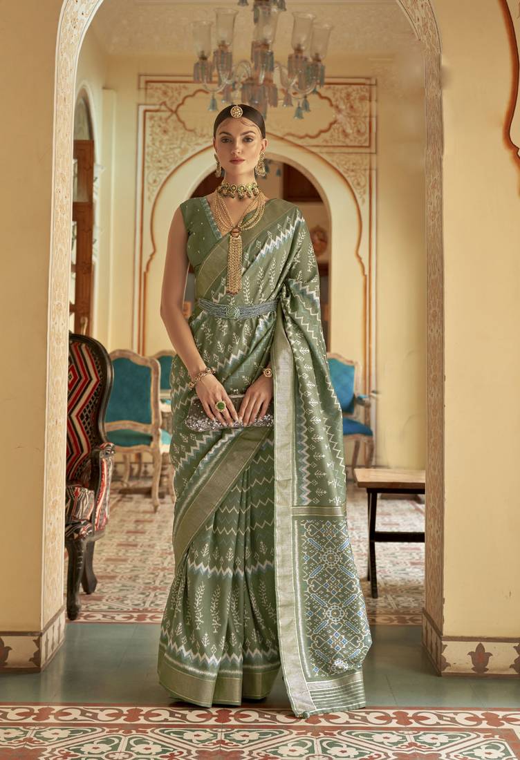 Kimisha women's sage green silk saree with unstitched blouse piece