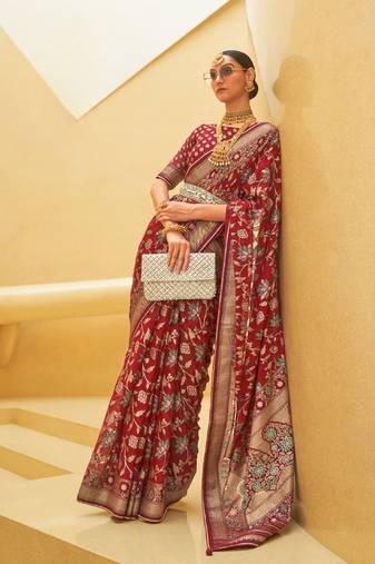 Kimisha women's maroon silk woven saree with unstitched blouse piece