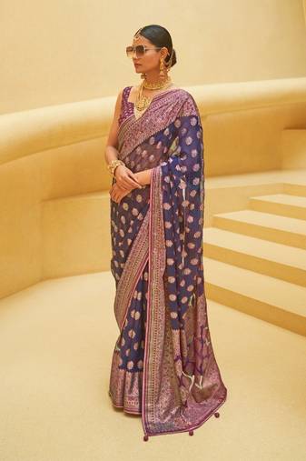 Kimisha women's eggplant silk woven saree with unstitched blouse piece