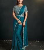 Women satin silk crepe embroidered designer saree with stiched blouse