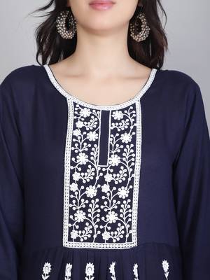 Lucknowi Hand Embroidery Work Nevy Blue Colour Rayon Partywear Kurti 2