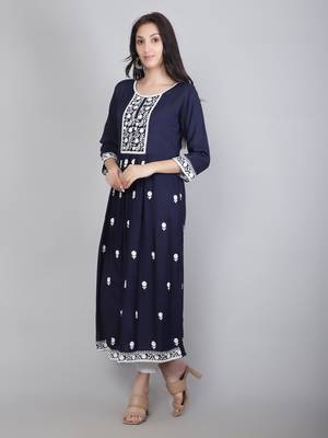 Lucknowi Hand Embroidery Work Nevy Blue Colour Rayon Partywear Kurti 4