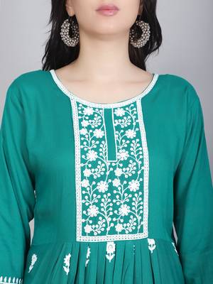 Lucknowi Hand Embroidery Work Rama Colour Rayon Partywear Kurti 2