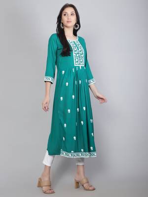 Lucknowi Hand Embroidery Work Rama Colour Rayon Partywear Kurti 4