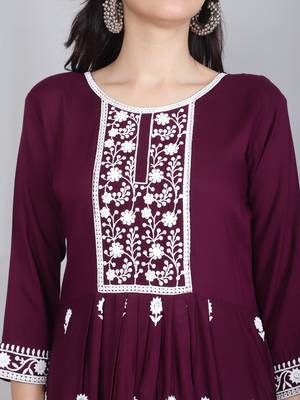 Lucknowi Hand Embroidery Work Wine Colour Rayon Partywear Kurti 2