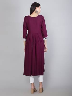 Lucknowi Hand Embroidery Work Wine Colour Rayon Partywear Kurti 3