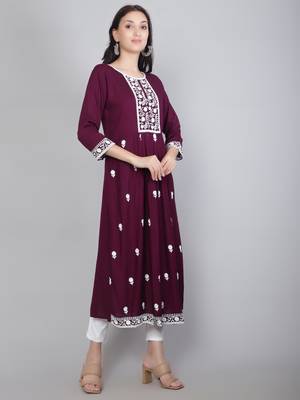 Lucknowi Hand Embroidery Work Wine Colour Rayon Partywear Kurti 4