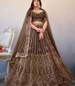 EILARA WOMEN'S STUNNING BROWN BUTTERFLY NET SEQUANCE WORK PARTY WEAR LEHENGA CHOLI