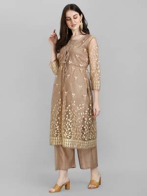 Women's Zari And Foil Printed Ethnic Jacket With Kurta Set (MAK39KOTI) 4