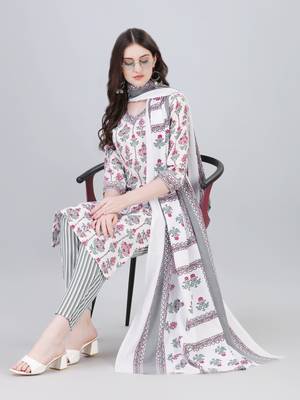Women's Printed Knee Length Cotton Blend Kurti And Pant Set With Dupatta (White) (MAK32) 1
