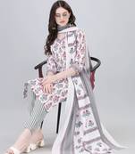 Women's Printed Knee Length Cotton Blend Kurti And Pant Set With Dupatta (White) (MAK32)