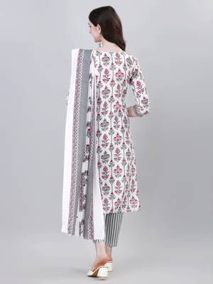 Women's Printed Knee Length Cotton Blend Kurti And Pant Set With Dupatta (White) (MAK32) 2