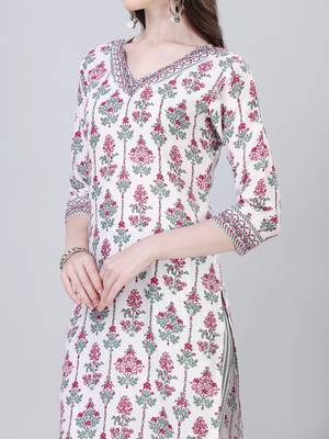 Women's Printed Knee Length Cotton Blend Kurti And Pant Set With Dupatta (White) (MAK32) 4