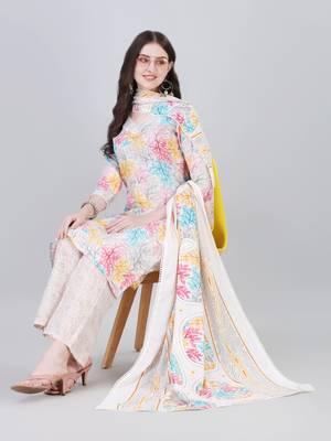 Women's Printed Knee Length Cotton Kurta And Pant With Dupatta Set (Multicolor) (MAK37) 1