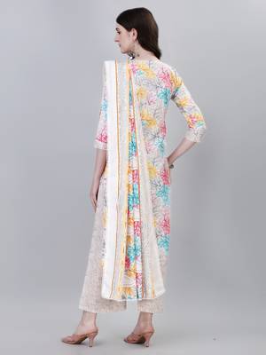 Women's Printed Knee Length Cotton Kurta And Pant With Dupatta Set (Multicolor) (MAK37) 2