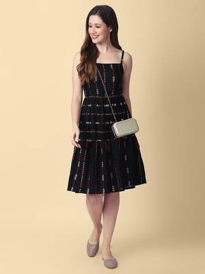 Women's Rayon Self Design Printed Woven Short Black Party Wear Dress 1
