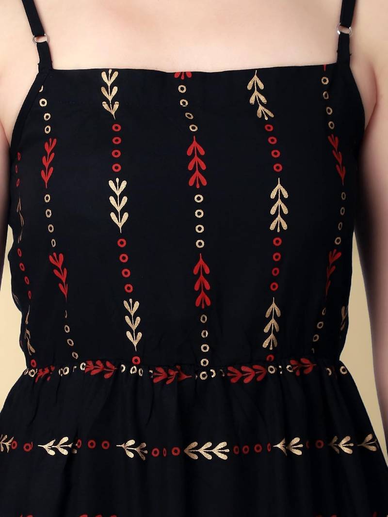 Women's Rayon Self Design Printed Woven Short Black Party Wear Dress