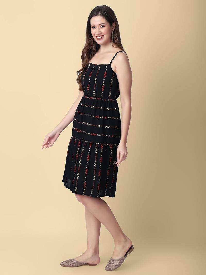 Women's Rayon Self Design Printed Woven Short Black Party Wear Dress
