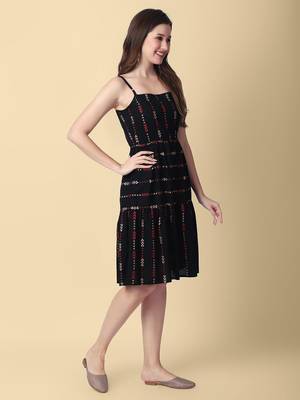 Women's Rayon Self Design Printed Woven Short Black Party Wear Dress 4